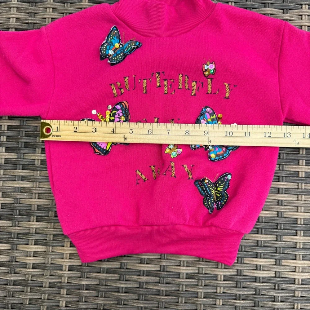 Vintage 90s ZING Girls Size 4 Pink 3D Butterfly Fleece Sweatsuit 2 Pc Set